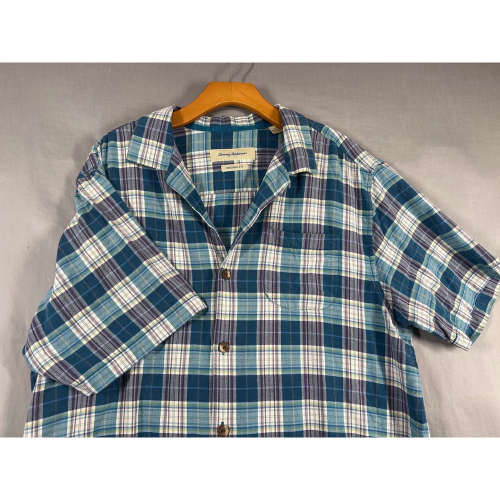 Tommy Bahama Mens Large 100% Silk Plaid Short Sleeve Button Down Shirt Blue Teal